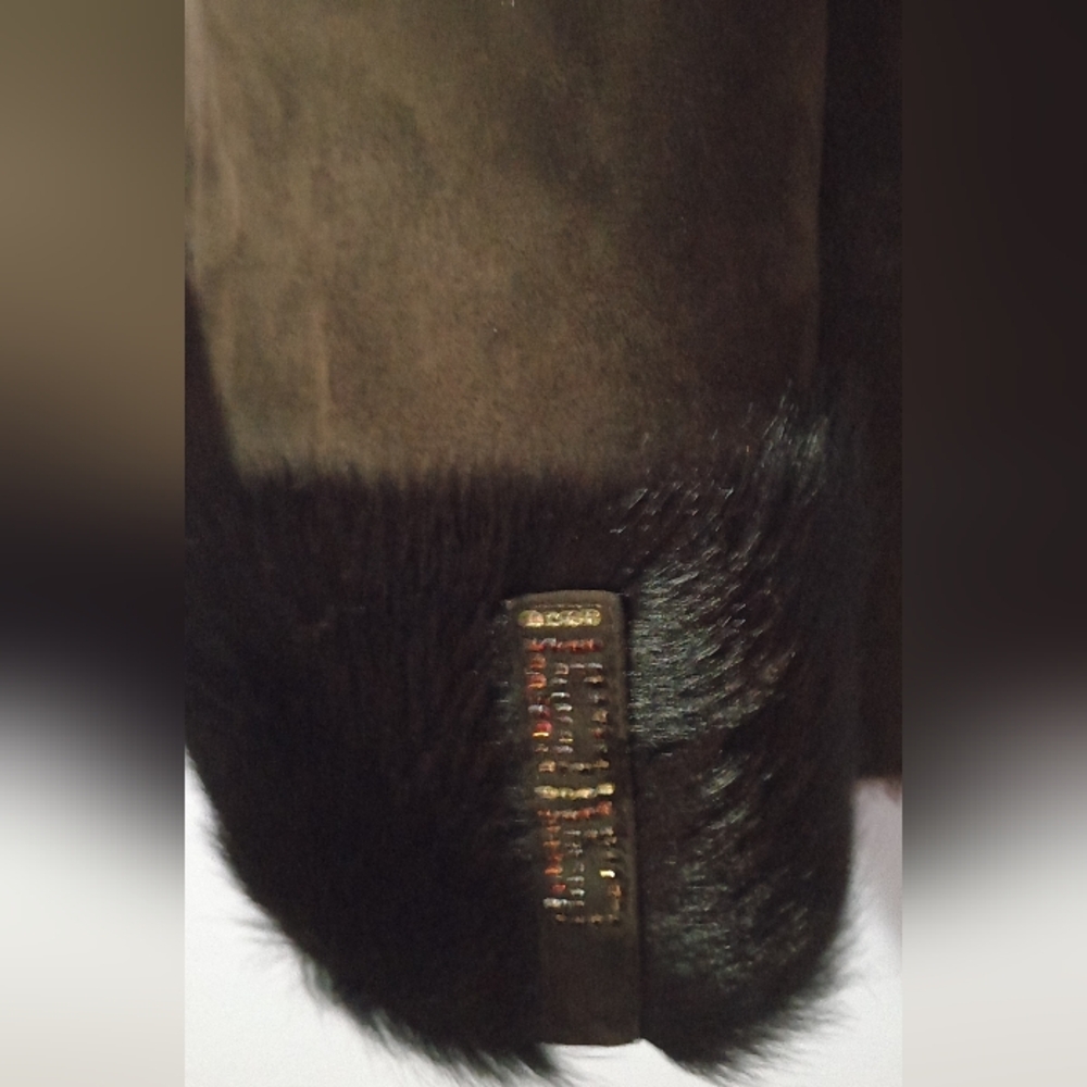 Brown Suede Coat with Black Fur Trim - Picture 4 of 7